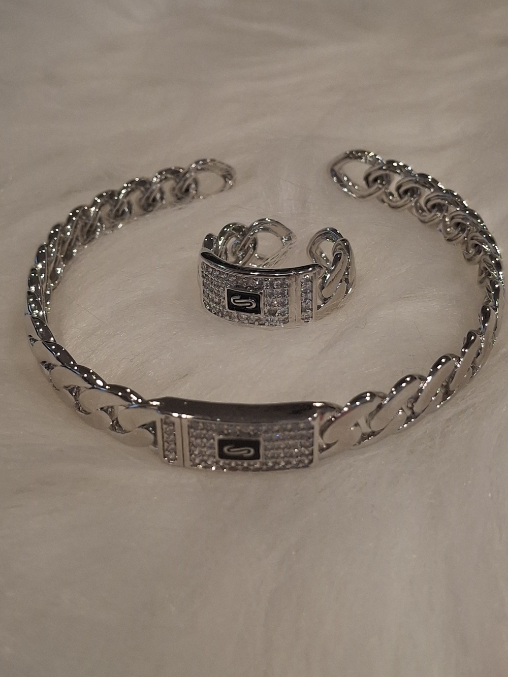 Silver-Tone Men’s Chain Bracelet and Ring Set - Unbranded